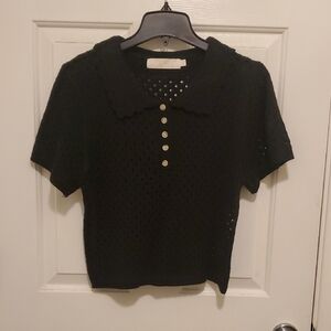 Chic Black Crochet Button Down Shirt